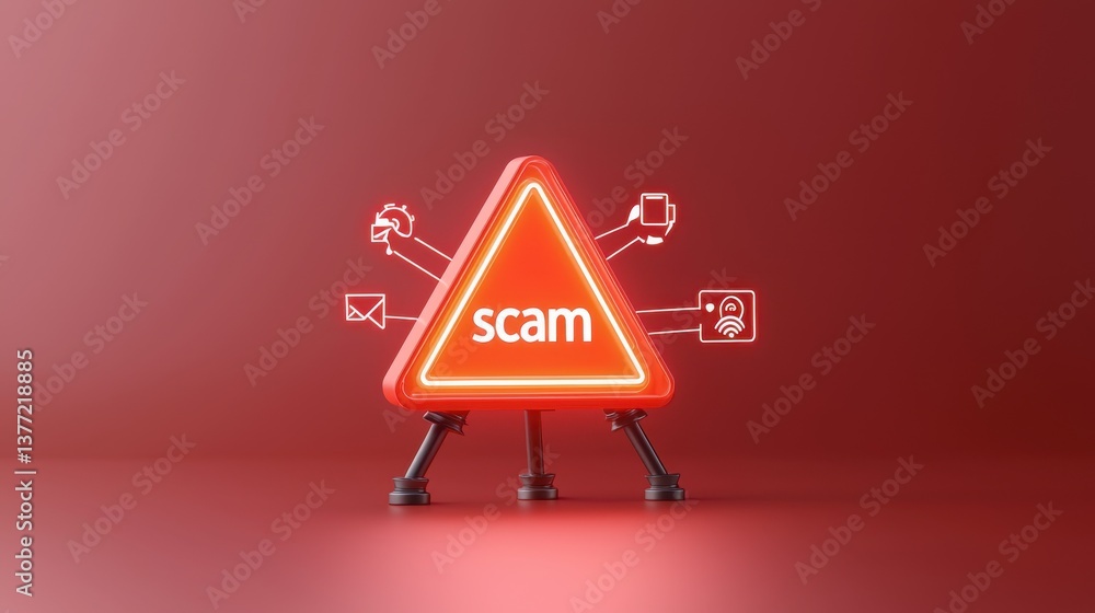 Aufkleber glowing red triangular warning sign with the word scam displayed symbolizing the danger of online sc