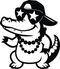 Cute and stylish cartoon illustration of a festive alligator, cartoon illustration of a festive alligator silhouette and line art vector illustration design