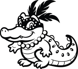 Cute and stylish cartoon illustration of a festive alligator, cartoon illustration of a festive alligator silhouette and line art vector illustration design