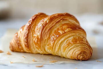 A Delicious Flaky Golden Brown Croissant Resting on a Paper Sheet