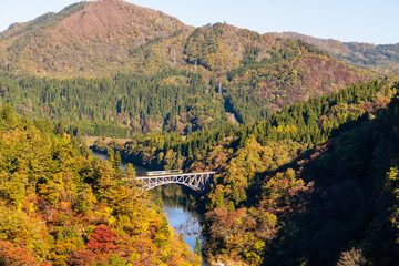 Fukushima, JAPAN - Nov 10, 2024: Train run cross Daichi Tagamigawa Bridge view from First Tadami River Bridge