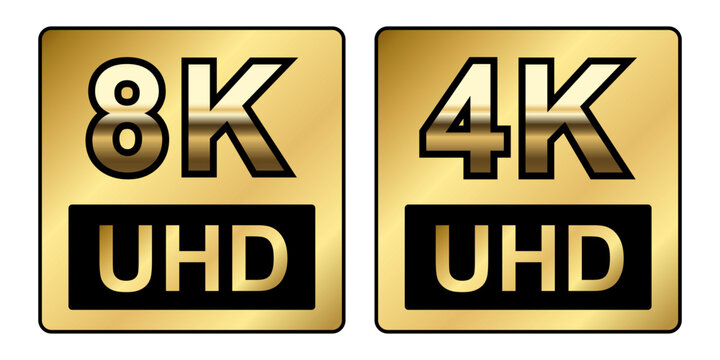 8K 4K Ultra HD square sticker label ,High definition label. 8K 4K Gold UHD symbol, resolution monitor screen color mark, UHD 3840p video icon ,realistic shiny and glossy Vector isolated on white