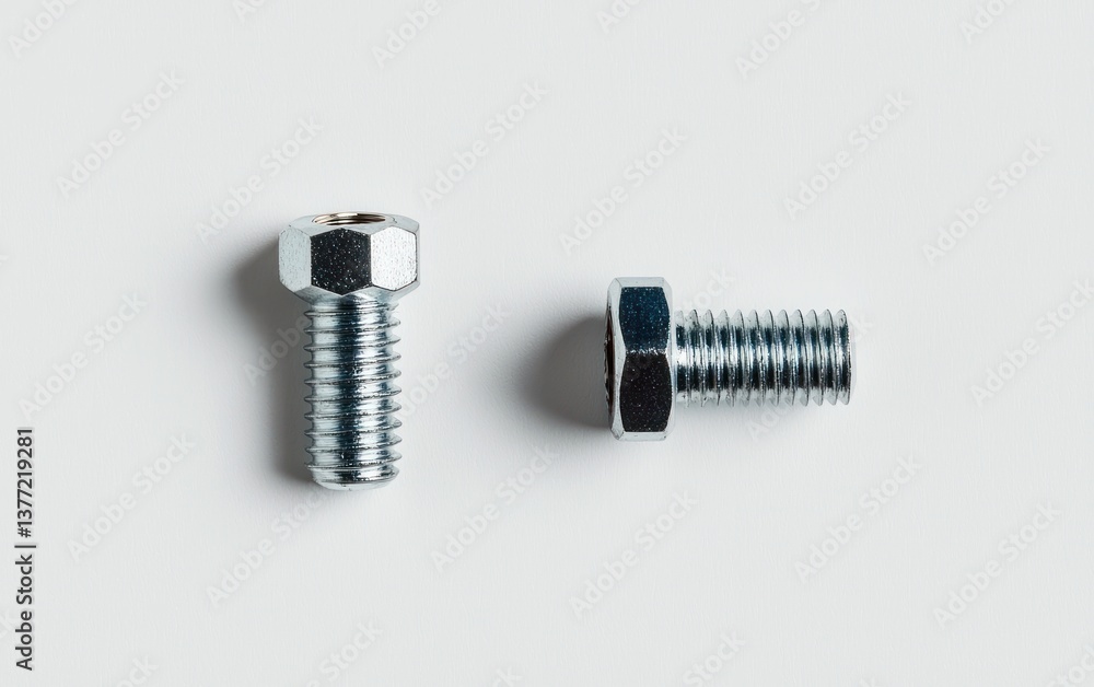 Poster close-up view of two metallic bolts, one with a head and one without, on a light gray background. th