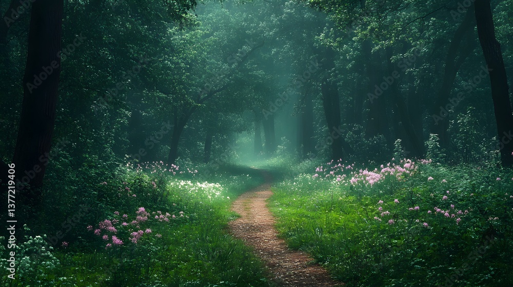 Poster serene forest path leading through lush greenery with gentle sunlight filtering through tall trees a