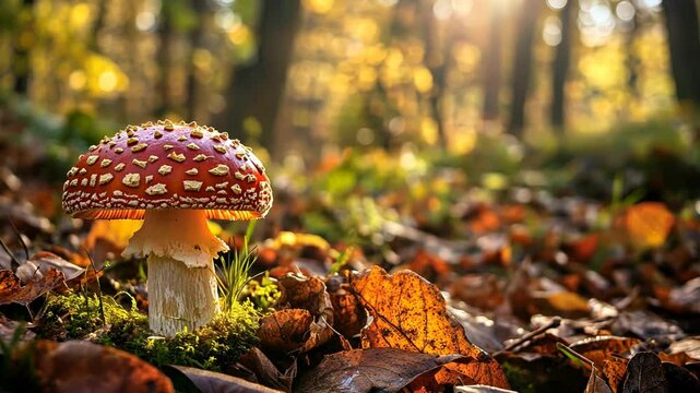 Autumn sunlight on a toadstool in forest