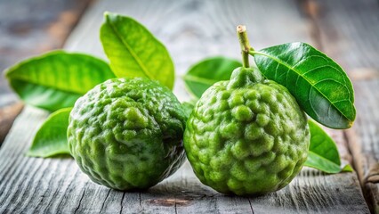 Obraz premium Fresh Kaffir Lime Leaves & Fruit on White, Vintage Style