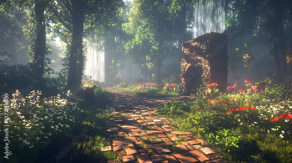 Aufkleber peaceful path through a dense forest filled with towering trees and lush greenery inviting you to ex