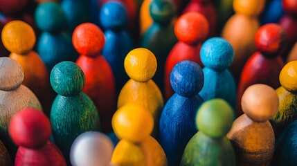 Colorful assortment of handcrafted wooden figurines arranged in a close knit group conveying themes of unity harmony and anti discrimination
