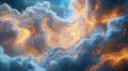 Obraz premium Celestial Metropolis Emerging Through Stormy Golden Clouds at Night