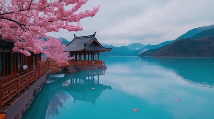 Obraz premium Serene Asian Lake Pavilion with Blooming Cherry Blossoms under a Cloudy Sky Stunning mountain landscape view