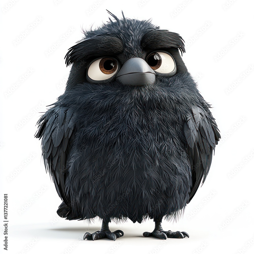 Poster cute animated black bird character with fluffy feathers and expressive eyes in a simple background