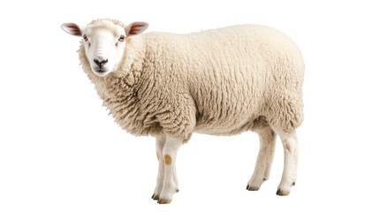 Fototapeta premium Fluffy White Sheep Standing in Natural Pose on White Background