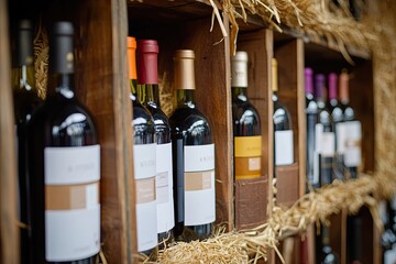 Wooden wine crates display various bottles