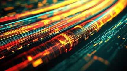 Fototapeta premium Abstract Digital Data Flow with Bright Orange and Red Lines on Dark Background