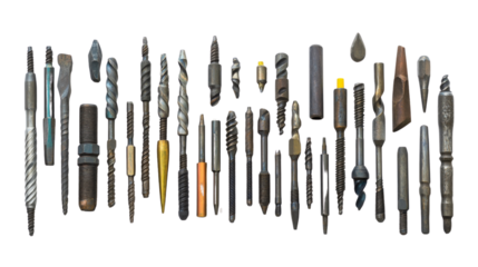 Variety of power drill bits, Transparent background, PNG file assorted types and sizes,
