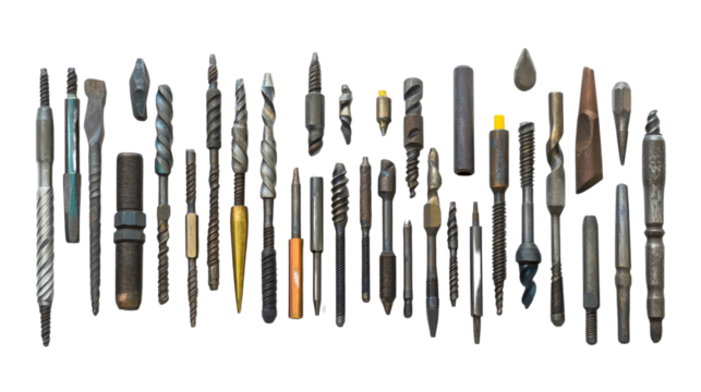Variety of power drill bits, Transparent background, PNG file assorted types and sizes,
