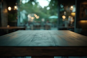 Empty wooden table in a cafe with blurred outdoor patio view