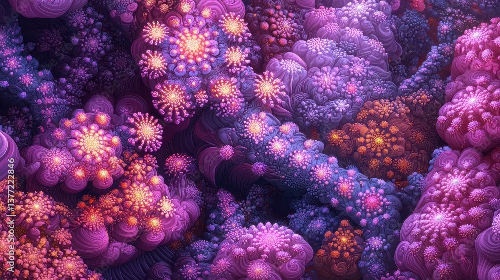 Poster vibrant abstract coral-like structures in shades of purple and pink illustrating computational langu