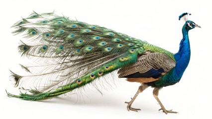 Obraz premium Majestic Indian Peacock with Vibrant Plumage Displayed on White Background