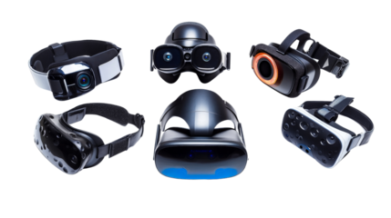 Virtual reality headsets, different brands and models, Transparent background, PNG file