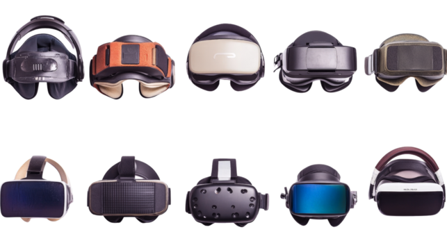 Virtual reality headsets, different brands and models, Transparent background, PNG file