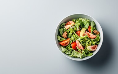Fresh green salad with tomatoes, avocado, and walnuts in a bowl on a gray background. Healthy food concept