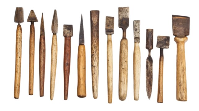 Wood chisels, different sizes and shapes, Transparent background, PNG file,