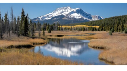 Tranquil mountain with a crystal clear lake in the foreground reflecting snow-capped peaks under a bright sky 