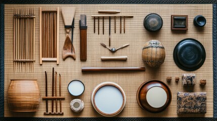 Assortment of crafted wooden and ceramic japanese objects arranged symmetrically on a traditional tatami mat offering a cultural showcase