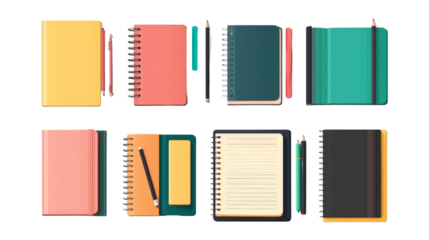 Set of different notebooks and journals, Transparent background, PNG file, clean look,