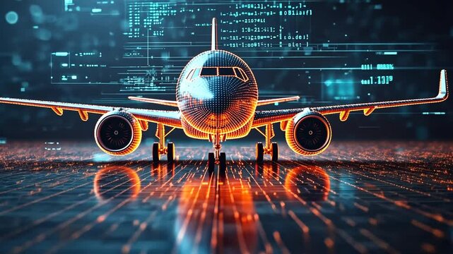 Futuristic airplane on digital runway illuminated by data streams visualization