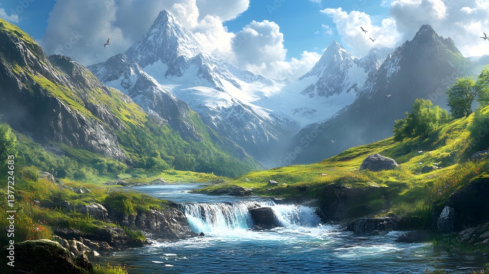 Poster refreshing mountain stream cascading down rocks with a beautiful waterfall surrounded by lush greene