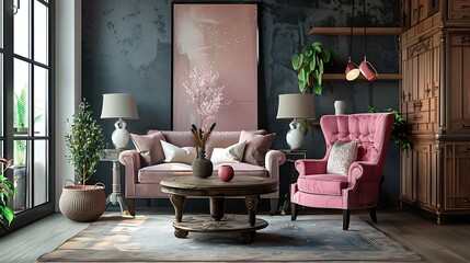 Obraz premium Luxury living room interior with lamps, wooden table and pink armchair