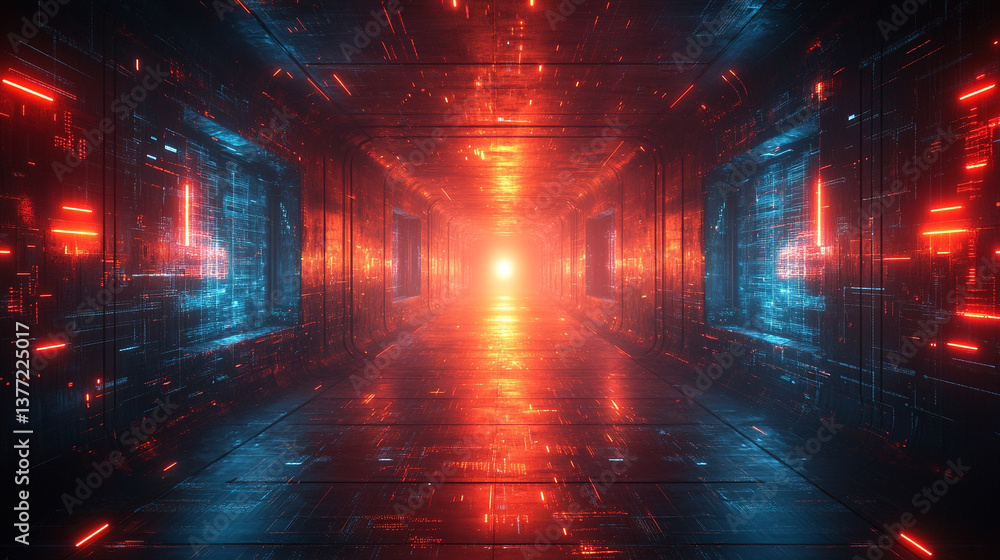 Poster a technology background featuring two parallel paths in a red and blue color scheme, symbolizing the