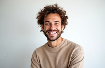 Obraz premium Handsome man with curly hair smiles. Guy with friendly expression, shows white teeth. Happy young adult with beard, casual wear. Great for commercial, lifestyle projects, advertisement.