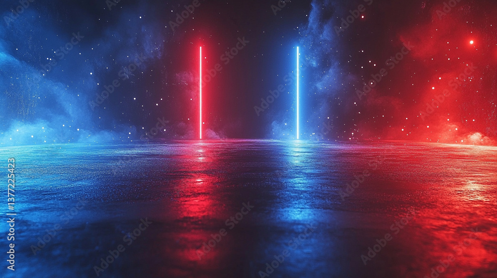 Poster a technology background featuring two parallel paths in a red and blue color scheme, symbolizing the
