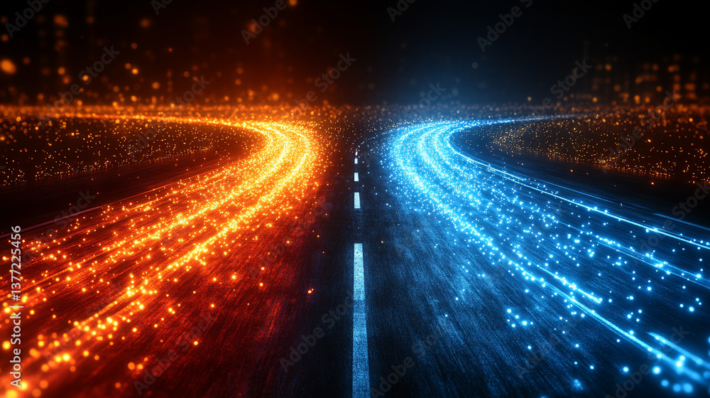 Poster a technology background featuring two parallel paths in a red and blue color scheme, symbolizing the