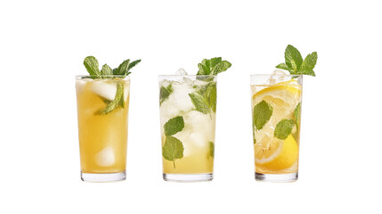 Fototapeta premium Summer drinks, mojito, lemonade, and iced tea, Transparent background, PNG file,