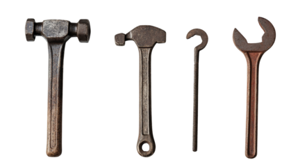 Symbols of essential tools, hammer, wrench, and screwdriver, Transparent background, PNG file,