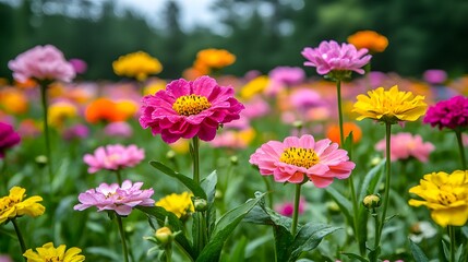 Fototapeta premium Lush field of colorful flowers in full bloom under a bright blue sky inviting springtime adventures