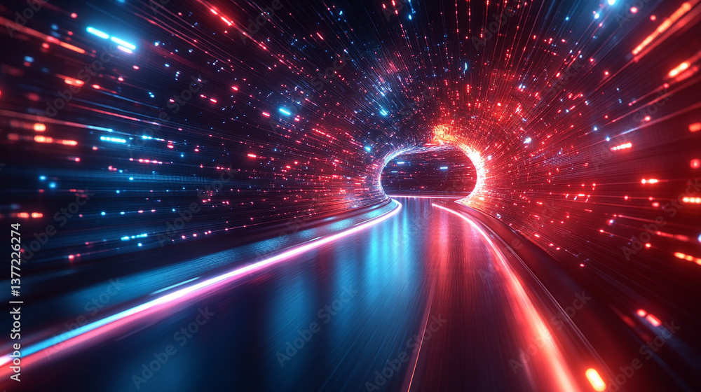 Poster a technology background featuring two parallel paths in a red and blue color scheme, symbolizing the