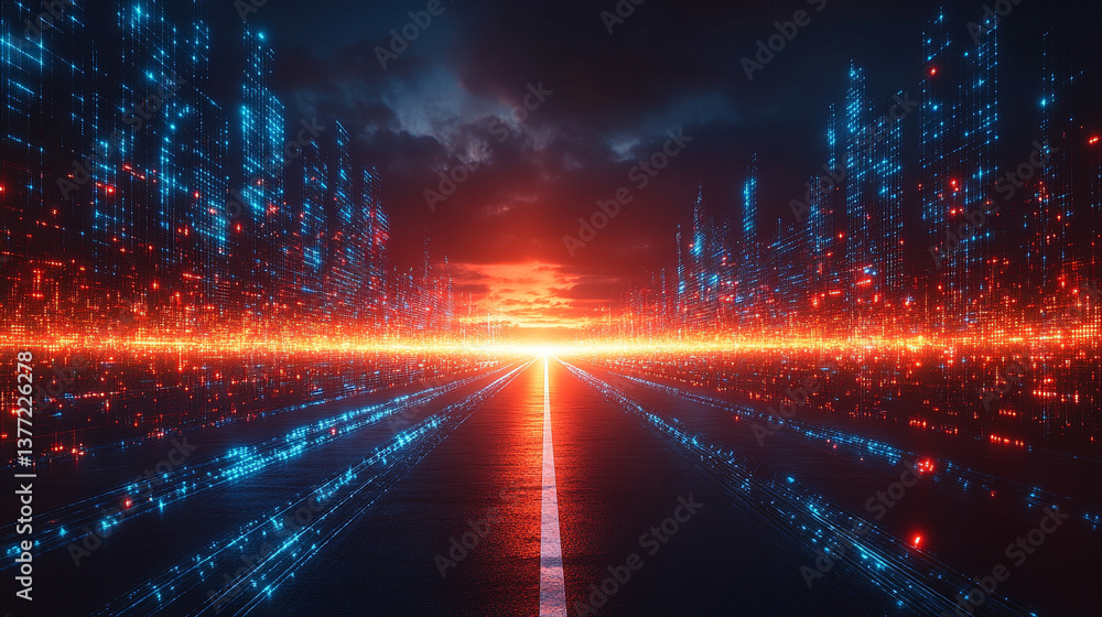 Poster a technology background featuring two parallel paths in a red and blue color scheme, symbolizing the