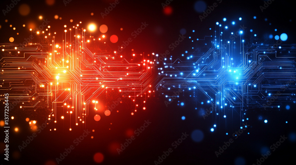 Poster a technology background featuring two parallel paths in a red and blue color scheme, symbolizing the