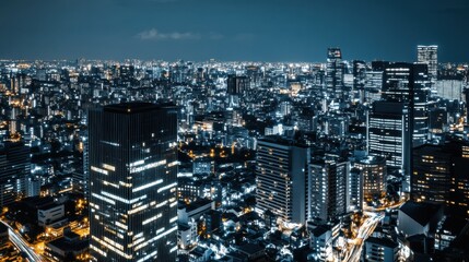 Elevated Night View of a Dense City Skyline with Illuminated Buildings