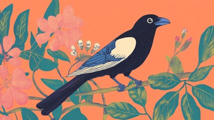 Colorful magpie on vibrant floral background with pink flowers and green leaves