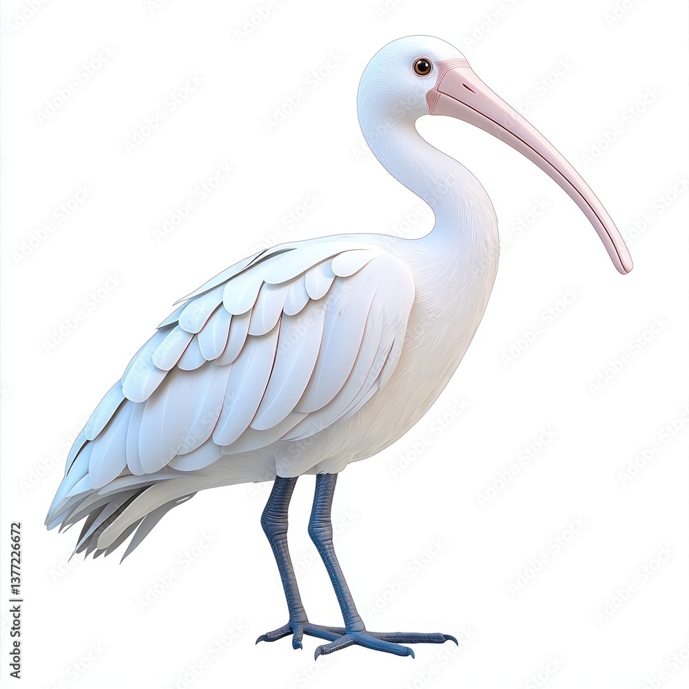 Poster realistic 3d rendering of a white bird with long beak and detailed feather texture on a white backgr