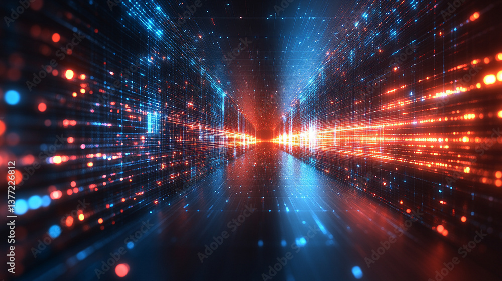 Poster a technology background featuring two parallel paths in a red and blue color scheme, symbolizing the