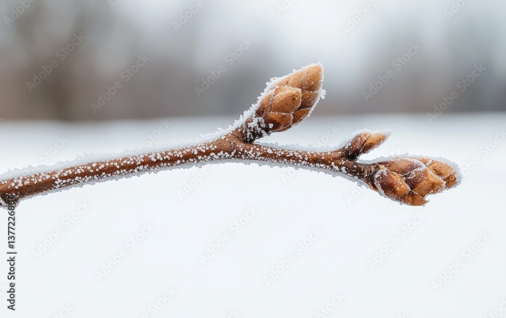 Poster close-up of a frost-covered tree branch with buds, set against a blurred snowy background. the image