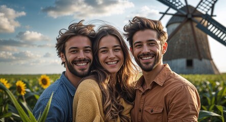 Naklejka premium Happy friends smiling in windmill farm with spinning blades background portrait photo 