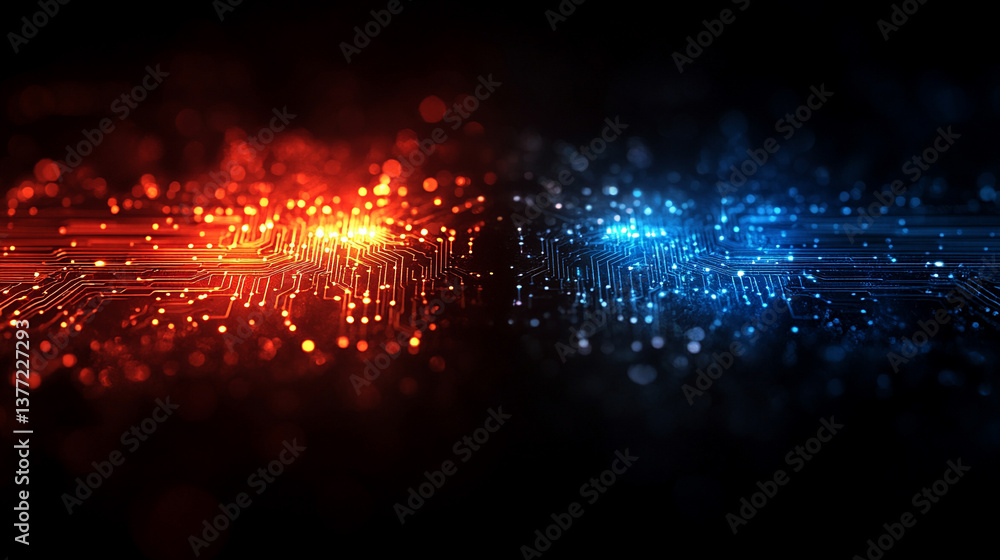 Poster a technology background featuring two parallel paths in a red and blue color scheme, symbolizing the